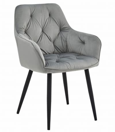 Stoel JORK - Zilvergrijs Velvet - Zwarte Metaalpoten - Luxe Eetkamerstoel - Fauteuil - Met Armleuning - Modern Design - Elegant en Comfortabel voor Woonkamer, Keuken of Eetkamer - Max. 110 kg