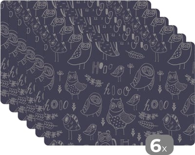 Placemat - Placemats kunststof - Patronen - Vogel - Uil - 45x30 cm - 6 stuks - Hittebestendig - Anti-Slip - Onderlegger - Afneembaar