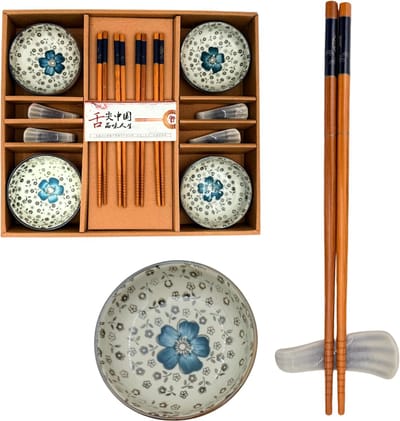 Winkrs | Sushi set voor 4 personen - Blauw & Paars - Keramiek Japans servies; kommetjes, bamboe eetstokjes en stokjeshouders