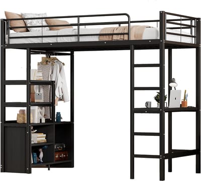 REDOM Hoogslaper – Met bureau & opbergrekken – Modern – Metaal & MDF – Zwart – 90 x 200 cm