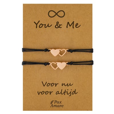 Vriendschapsarmbandjes voor 2 "You & Me" - Hartjes - BFF Armbandjes met Cadeau Kaartje - Rosé Goud & Zwart - Elastisch Verstelbaar - Pax Amare