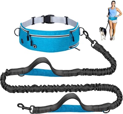 Hardloopriem hond - Anti-sprint heupgordel hond - Hondenriem flexi - Verstelbare heupband met zakken, waterfleshouder, reflecterend elastisch koord en dubbele handvatten - geschikt voor hardlopen, wandelen en trailrunning - blauw
