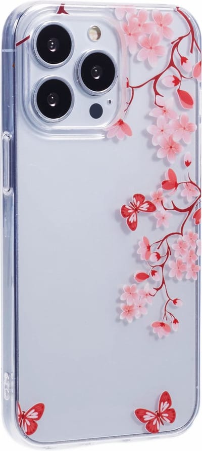 Peachy Zen Bloesem Bloemtakken Natuur Vlinders TPU hoesje geschikt voor iPhone 12 en iPhone 12 Pro - doorzichtig