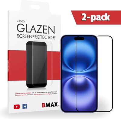 2-pack BMAX Screenprotector geschikt voor Apple iPhone 16 Plus - Full Cover gehard glas - Apple screenprotectors - Telefoonaccessoires - Telefonie & Accessoires - Beschermglas - Glas screenprotectors - Zwart
