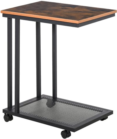 Merax C-vorm Bijzettafel met Wielen – Industrieel Laptoptafel / Sofa Tafel – Verrijdbare Salontafel met Opbergrek – Zwart Walnoot 51x36x65 cm