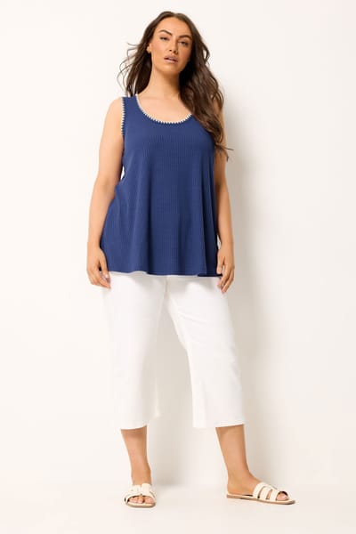 Yours Kobaltblauwe Geribbelde Top Met Contrasterende Deksteek Size 42