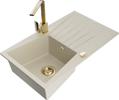 Mexen Cesar granieten gootsteen 1-kompartment met afdruiprek en keukenmengkraan Rita, beige - 6514-69-670300-50