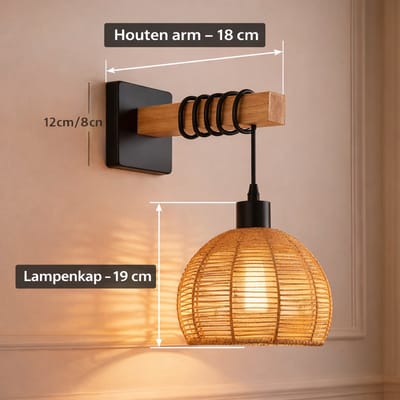 Boho Rotan Wandlamp met Houten Arm – Wandverlichting Vintage Design – Lampenkap 19 cm