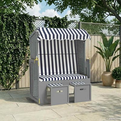 vidaXL - Strandstoel - met - luifel - poly - rattan - en - massief - hout - blauw - en - wit