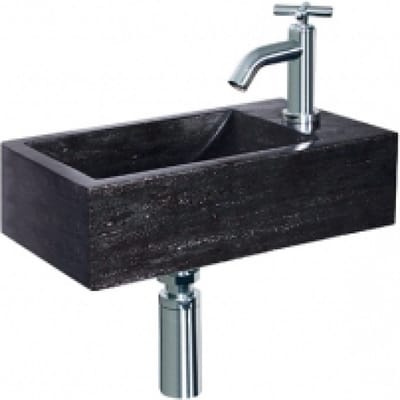 Sanifun compacte Fonteinset Zwart Natuursteen 400x230mm Rechts met Chroom Kraan en Sifon