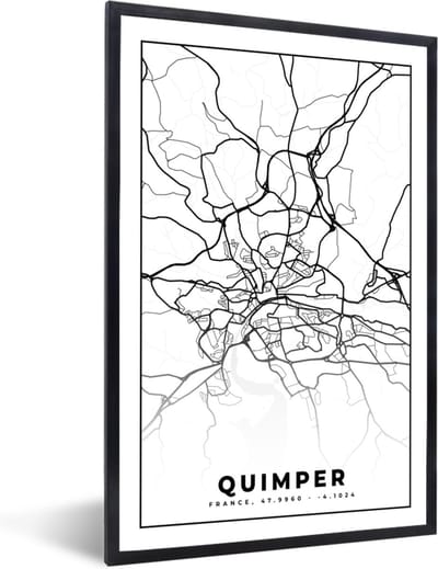 Fotolijst incl. Poster Zwart Wit- Stadskaart - Plattegrond - Quimper - Kaart - Frankrijk - Zwart wit - 40x60 cm - Posterlijst