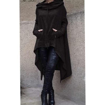 Damesmode Effen Kleur Trekkoord Jas Lange Mouw Losse Casual Poncho Jas Capuchon Pullover Lange Hoodies Sweatshirts S zwart