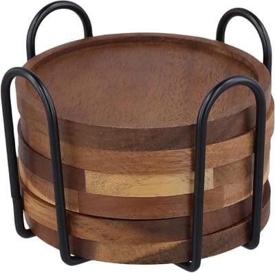 Set van 6 Houten Onderzetters met Metaalhouder, Ideaal voor Dranken, Koffie en Keukengebruik