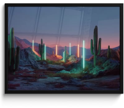Poster in lijst - Fotolijst 80x60 cm - Posters - Cactus - Lichtzuilen - Zonsondergang - Posterlijst zwart - Decoratie - Wanddecoratie woonkamer - Muurdecoratie slaapkamer