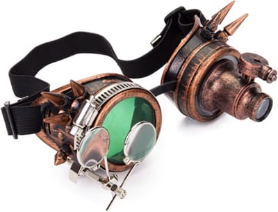 KIMU® Goggles Steampunk Bril Met Spikes, Vergrootglas En Led Lampje - Koper Montuur - Groen Glas - Spacebril Space Festival