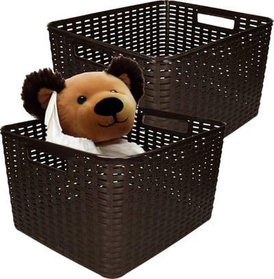 Plasticforte Opbergmand - 2x - Kastmand - rotan kunststof - donkerbruin - 28 Liter - 34 x 40 x 23 cm