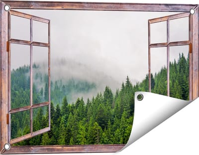 Gards Tuinposter Doorkijk Groen Bos met Bomen tijdens de Mist - 60x40 cm - Tuindoek - Tuindecoratie - Wanddecoratie buiten - Tuinschilderij