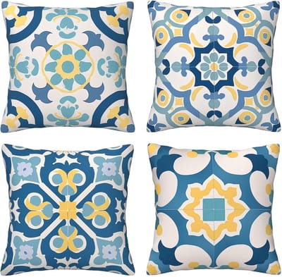 Kussenslopen, 65 x 65 cm, blauwe en gele print, 4 stuks, vierkant, fluweel, zacht, decoratieve kussenhoes met verborgen ritssluiting, voor slaapkamer en woonkamer, bank, E8378