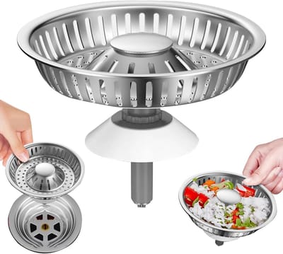 RVS Vouwbare Afvoerzeef voor Keuken en Badkamer, 3-in-1 Met Waterdichte Dichting, Voorkomt Verstoppingen en Geurtjes (Gaatje Diameter 76-85mm, Zilver)