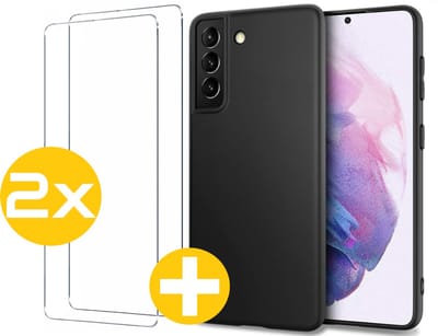 Hoesje en Screenprotector Combi Geschikt Voor Samsung Galaxy S21 - Zwarte Siliconen Hoesje + 2x Screenprotector