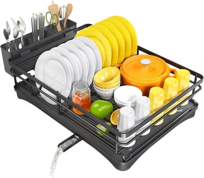 Égouttoir à vaisselle pour comptoir de cuisine Grand égouttoir à vaisselle avec égouttoir Égouttoir à vaisselle antirouille avec porte-ustensiles pour évier yellow