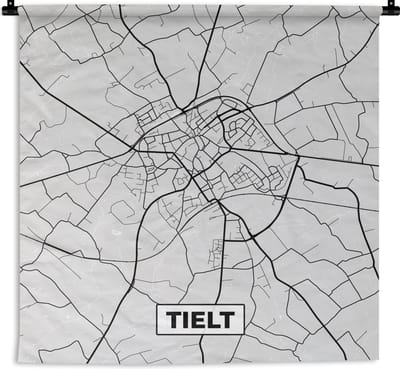 Wandkleed - Wanddoek - België – Tielt – Stadskaart – Kaart – Zwart Wit – Plattegrond - 180x180 cm - Wandtapijt
