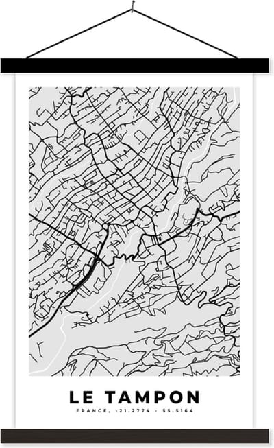 Posterhanger incl. Poster 40x60 cm - Schoolplaat - Frankrijk - Le Tampon - Stadskaart - Plattegrond - Kaart - Textielposter - Zwarte latten - Stadskaart