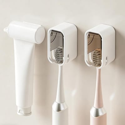 Praktische Wandbevestigde Tandborstelhouders met Deksel, Zelfklevend en Organisator voor Gezinsgebruik, Inclusief Tandpasta Dispenser en Ruimtebesparing