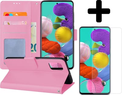 Hoesje - Met Screenprotector - Geschikt voor Samsung Galaxy A51 - Luxe Pasjeshouder - Flipcase - Bookcase Portemonee - Flip Case - Kunstleer Book Case - Book Cover - Walletcase - Portemonneehoes - Telefoonhoes - Lichtroze