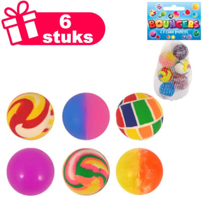 Henbrandt - 6 Stuks Stuiterballen, in Diverse Kleuren en Patronen, Perfect voor Feestjes, School en Traktaties - Ø2.5 cm.