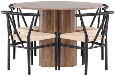 Olivia eethoek tafel Ø110cm en 4 stoelen met armleuningen stapelbaar bruin.