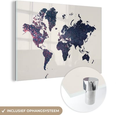 MuchoWow® Glasschilderij 60x40 cm - Schilderij acrylglas - Wereldkaart - Blauw - Glitter - Foto op glas - Schilderijen
