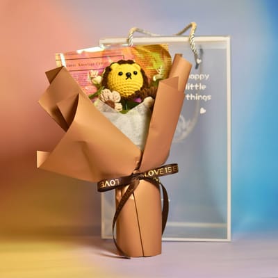 Winsa Cadeaus - Gehaakt Boeket Leeuw - Amigurumi Knuffel Boeket - Cadeau Tip Vrouw & Kind - Verjaardag / Valentijn / Jubileum - 18x21cm
