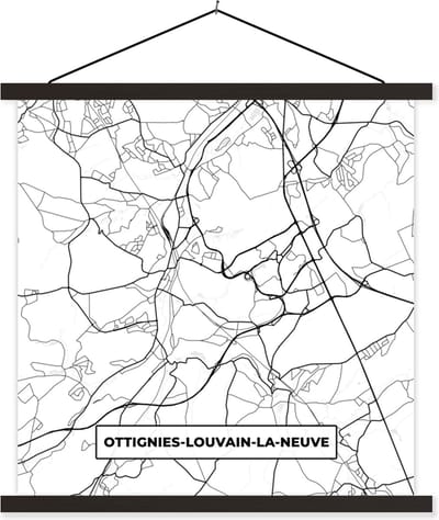 Posterhanger incl. Poster 60x60 cm - Schoolplaat - Stadskaart – Plattegrond – België – Zwart Wit – Ottignies Louvain la Neuve – Kaart - Textielposter - Zwarte latten - Stadskaart