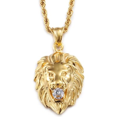 Nouveau Pendentif Tête de Lion Incrusté de Diamants pour Homme Collier Homme Bijoux de Mode Homme Cool Cadeau Personnalisé beige