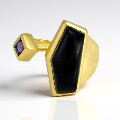 Cavill - Zilveren ring verguld - 4,33 ct zwarte onyx & 0,30 ct amethist - Moderne geometrische design - 925 Sterling zilver - Luxe statement ring