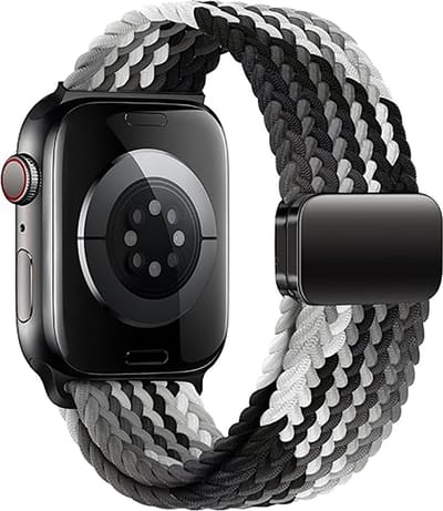 Stravo Braided Nylon bandje met magneetgesp - Geschikt voor Apple Watch 42mm (Series 11/10), 41mm (Series 9/8/7), 40mm (Series 6/5/4, SE 1/2/3), 38mm (Series 3/2/1), Verstelbaar elastisch gevlochten horlogebandje met magnetische sluiting - Grijs mix