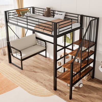 DESMIU Stapelbed 90x200cm - Stevig Metalen Bedframe Met Afneembare Bank - Trap Met Opbergruimte - Voor Kinderkamer En Slaapkamer - Zwart - Zonder matras