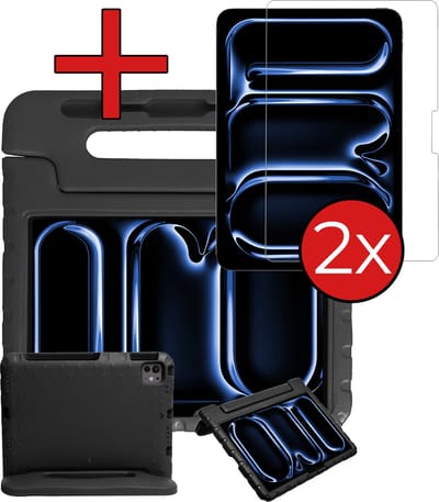 Hoesje - Geschikt voor Apple iPad Pro (2024/2025) - 11 inch - Met 2x Screenprotector - Kinderhoes - Shockproof Bumper - Kidsproof Case - Tablethoes - Kinder Hoes Cover - Zwart