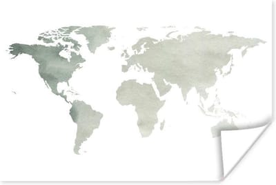 Poster 30x20 cm - Wereldkaart - Grijs - Wit - Posters - Kamer decoratie - Wanddecoratie woonkamer - Muurdecoratie slaapkamer