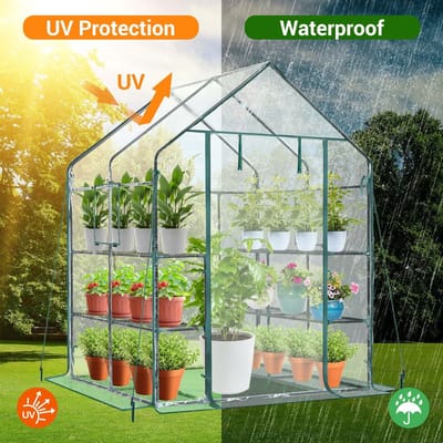 Famanu - Broeikas voor de tuin, broeikas voor buiten, met verbeterde transparante pvc-afdekking, 3 niveaus met 12 planken, broeikas voor groenten, bloemen, groei, 145 x 145 x 195 cm