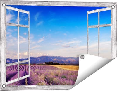 Gards Tuinposter Doorkijk Raam met Lavendel Veld - 60x40 cm - Tuindoek - Tuindecoratie - Wanddecoratie buiten - Tuinschilderij