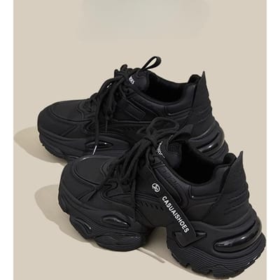 Chaussures Papa Cuir Véritable Élévateur Chaussures Femme Printemps Nouveau Polyvalent Semelle Épaisse Léger Basket Décontractée Femme 38 black
