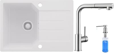 Anycee MAX Spoelbak Keuken 65x45CM - Granieten Spoelbakken Met keukenkraan met 2 straalsoorten en Zeepdispenser - Onderbouw Spoelbak Wit - Met waterafvoersysteem - Voor 40 cm kast