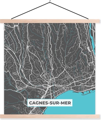 Posterhanger incl. Poster 40x40 cm - Schoolplaat - Cagnes-sur-Mer - Frankrijk - Plattegrond - Kaart - Stadskaart - Textielposter - Blanke latten - Stadskaart