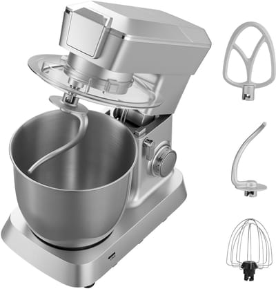 Elektrische Keukenmixer met Een Capaciteit van 4,3 L, 1300 W Vermogen, 6+P Instelbare Snelheden, Kantelbaar Ontwerp, Inclusief 1,5 L Blenderbeker, Roestvrijstalen Kom, Deeghaak, Garde en Klopper voor Bakken en Mixen, Zilver