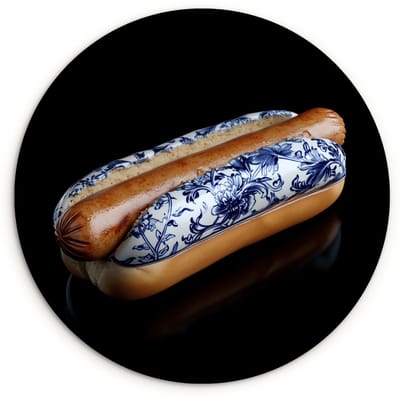 WallCircle® Wandcirkel 30x30 cm - Muurcirkel Hotdog - Porselein - Delfts blauw - Eten - Muurdecoratie woonkamer - Wanddecoratie keuken - Kamer decoratie accessoires - Ronde schilderijen
