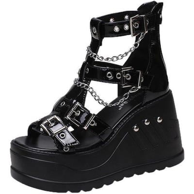 10cm Sleehakken Hoge Hakken Damessandalen Hoogteverhogende Peep Toe Schoenen Zomer Goth Gesp Plateausandalen Dames Coole Laarzen 35 black