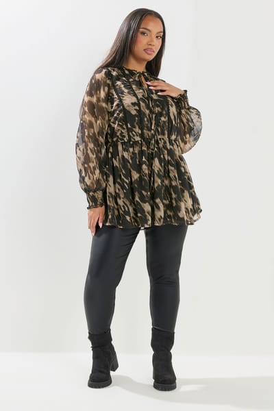 Yours Zwarte Blouse Met Luipaardprint En Strik Aan De Voorkant Size 42