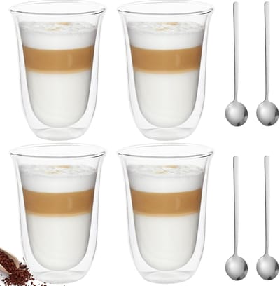 Machiatto glazen, 4 stuks, 300 ml, dubbelwandige koffieglazen met 4 roestvrijstalen koffielepels, cappuccinoglazen, thermoglazen van borosilicaatglas, theeglazen voor koude en warme dranken